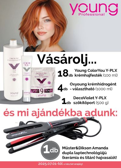 AKCIÓ - 18 db Young hajfestékhez + 4 Liter Young PLX Krémhidrogénhez + 1 db Young PLX Viola szőkítőporhoz AJÁNDÉK Hajvasaló képe